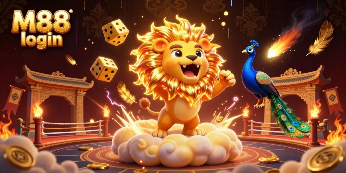 Experience M88 login with vibrant energy in a festive, detailed casino scene featuring roaring lion and golden dice.