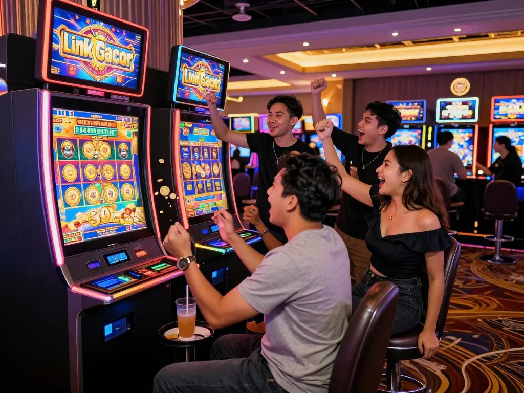 Exciting group celebrating a win at the Link Gacor slot machine in a vibrant casino atmosphere.