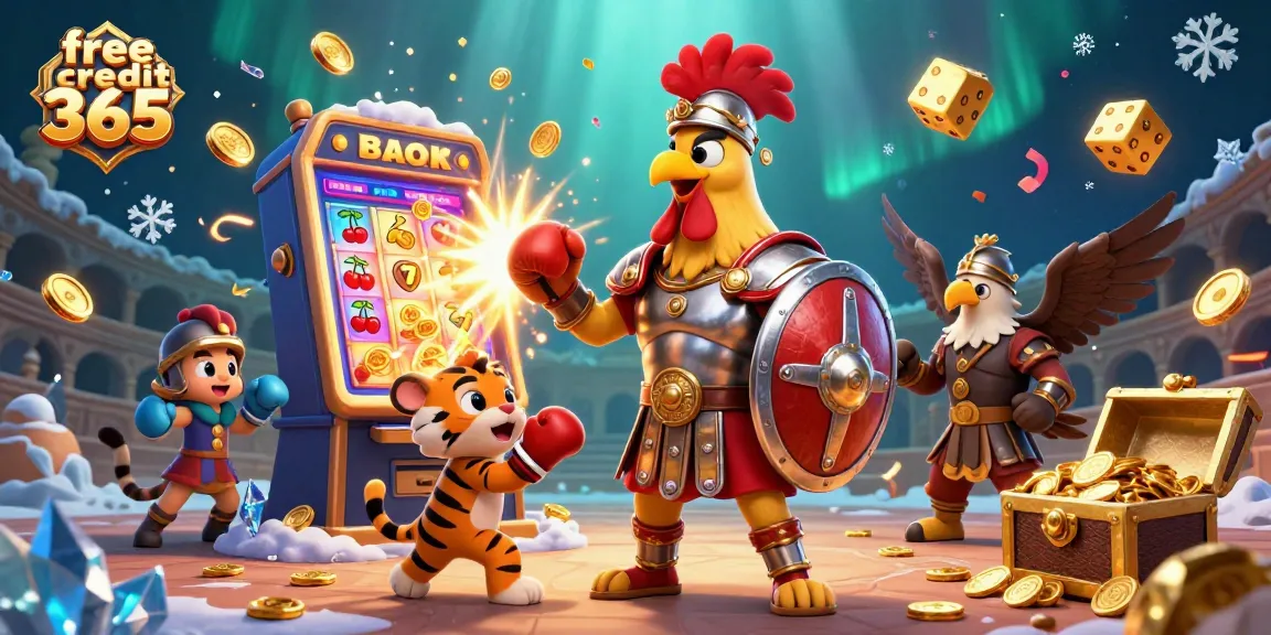 Win with free credit 365 as a gladiator rooster battles for casino jackpot using colorful slots.