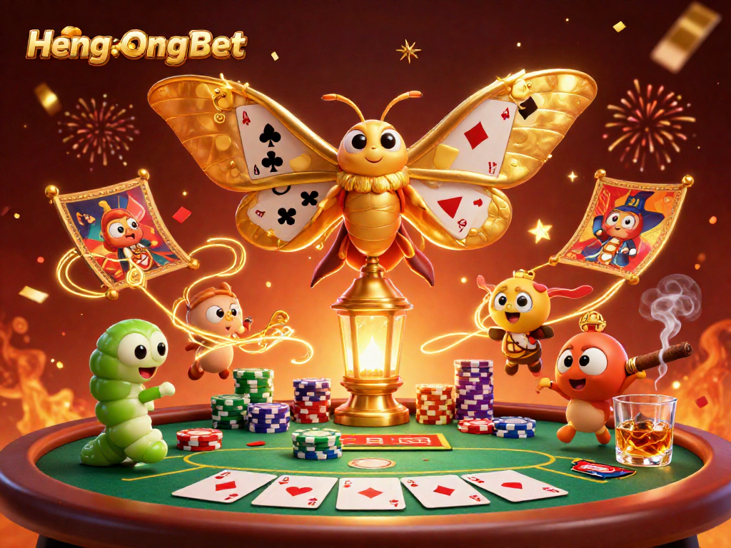 HengOngBet showcases vibrant 3D casino illustration filled with poker excitement and golden moth elements.