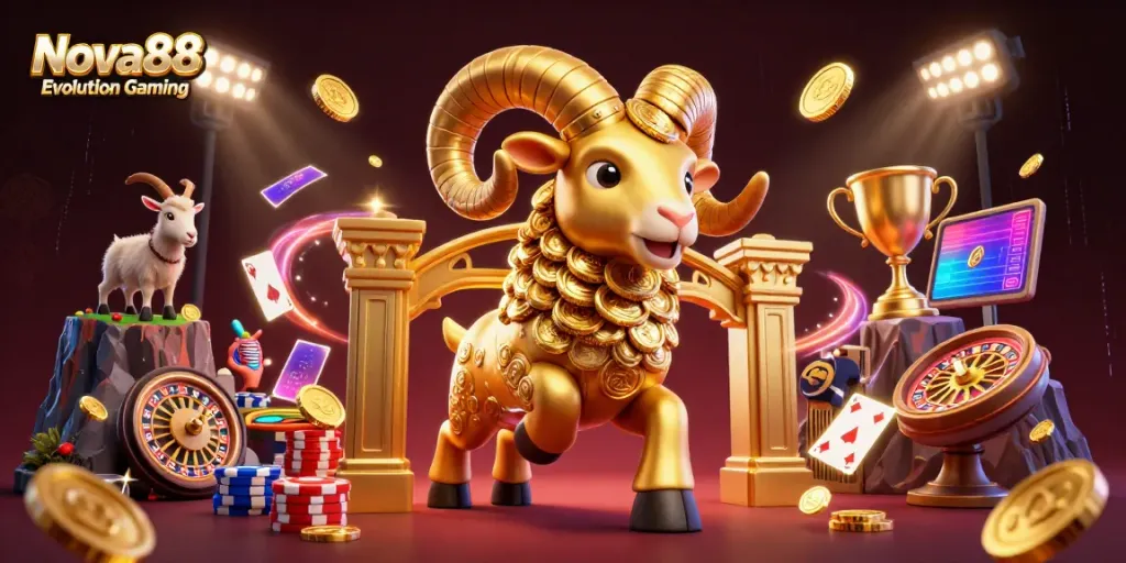 Experience the excitement of Nova88 Evolution Gaming with a striking illustration featuring a golden ram charging through a lively casino atmosphere.
