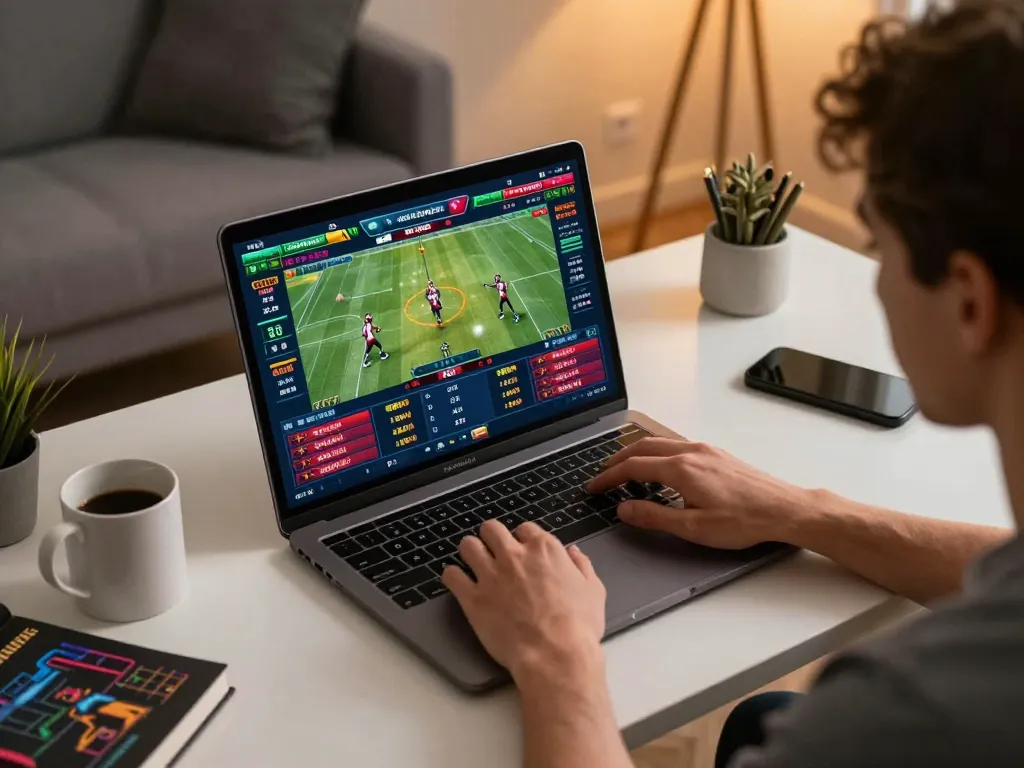 Player enjoying sports betting on n188 com in a modern home office setup with a gaming strategy book.