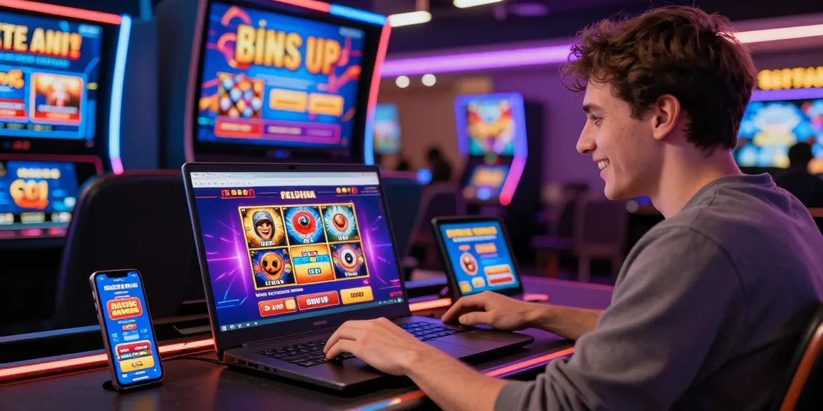 Excited player exploring new online casinos UK with laptop showcasing slot games and bonuses.