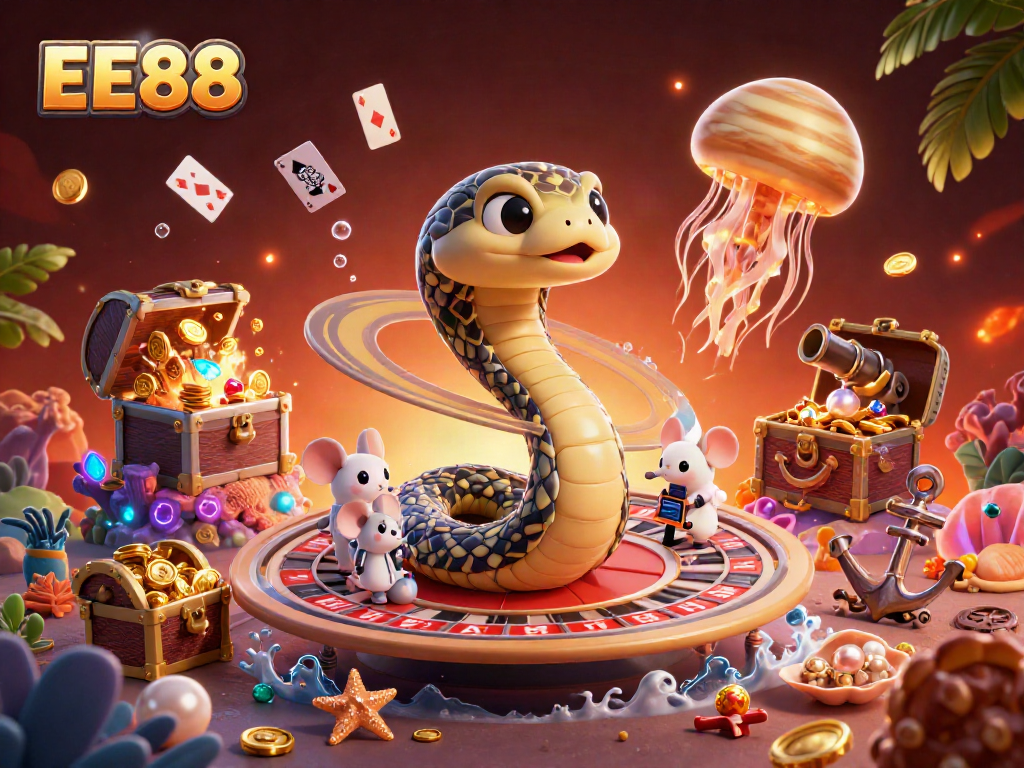 EE88 offers a vibrant casino experience with cartoon characters gambling in an engaging underwater scene.