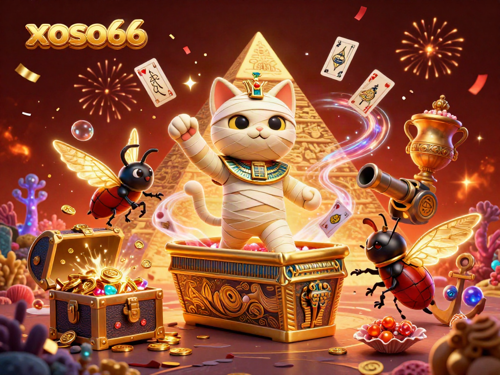 Experience thrilling gameplay with xoso66 as mummy cat and scarab beetle explore a pyramid casino.