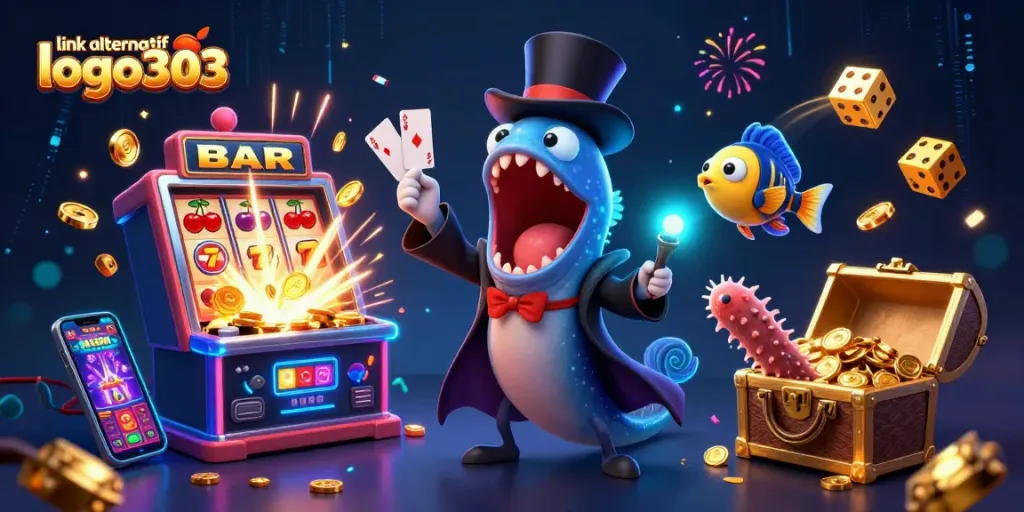 Permainan kasino menarik dengan link alternatif logo303, menampilkan ikan dalam aksi sihir dan slot jackpot yang meledak.