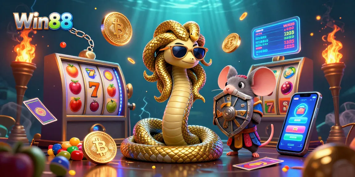 Win88 offers an exciting gaming experience with Medusa and a warrior mouse surrounded by vibrant casino elements.