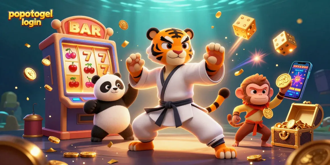 Experience exciting wins with popotogel login while enjoying a vibrant slot machine explosion and playful characters.