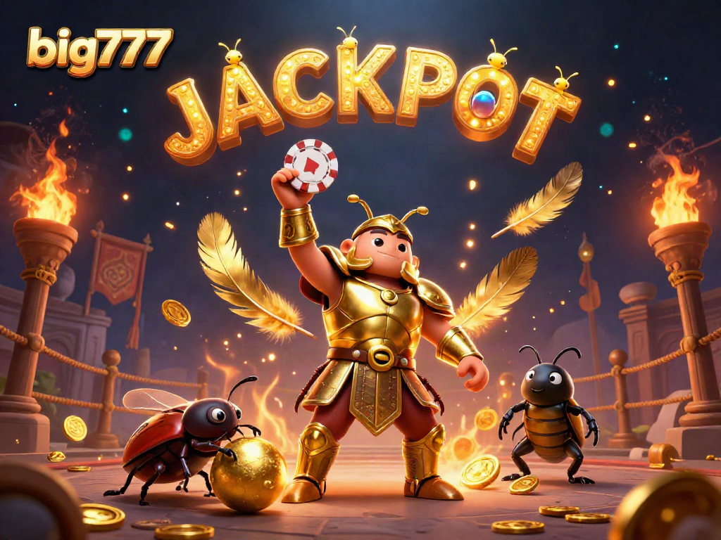 Experience the big777 triumph with a victorious beetle and jackpot-themed elements in vibrant 3D.