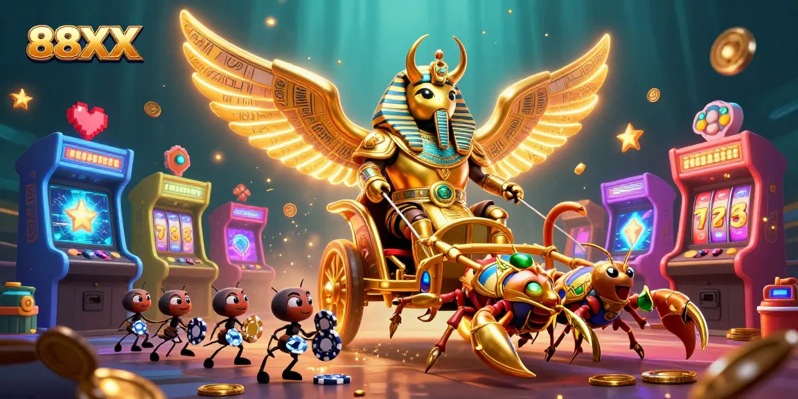 Spin the reels with 88XX, featuring a golden scarab beetle and vibrant casino elements.