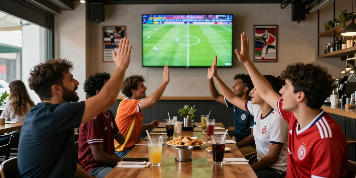 Fans enjoying كورة لايف matches in a lively café atmosphere, cheering and celebrating together.