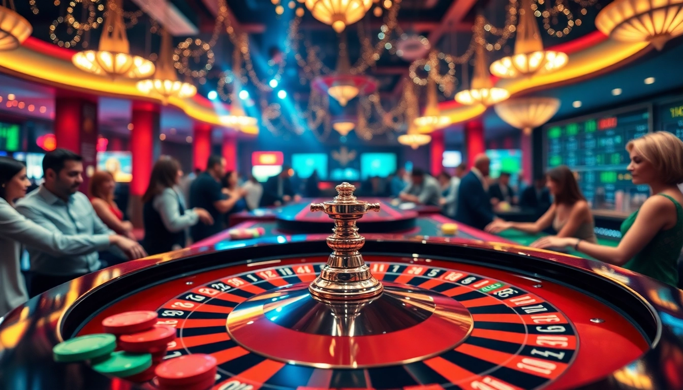 Main scene of bbni4d casino with vibrant roulette table and energetic players.