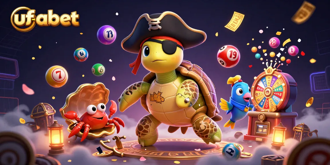 Engage with ufabet's vibrant gaming experience featuring a lively scene of a pirate turtle, golden tickets, and lottery balls.