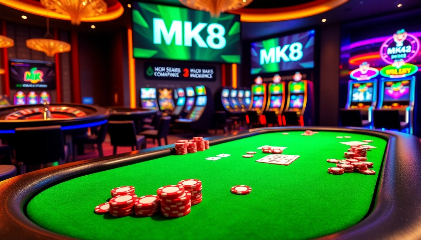 Exciting MK8 gambling scene featuring a vibrant poker table and roulette wheel.