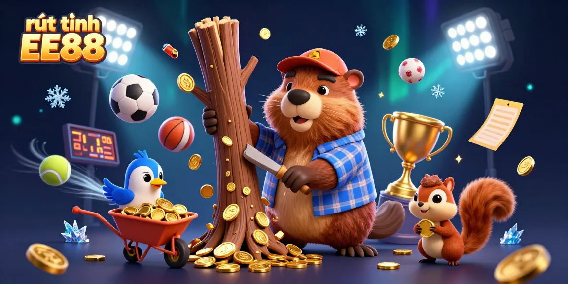 Experience smooth rút tiền EE88 with this vibrant casino scene featuring animated characters and sports elements.