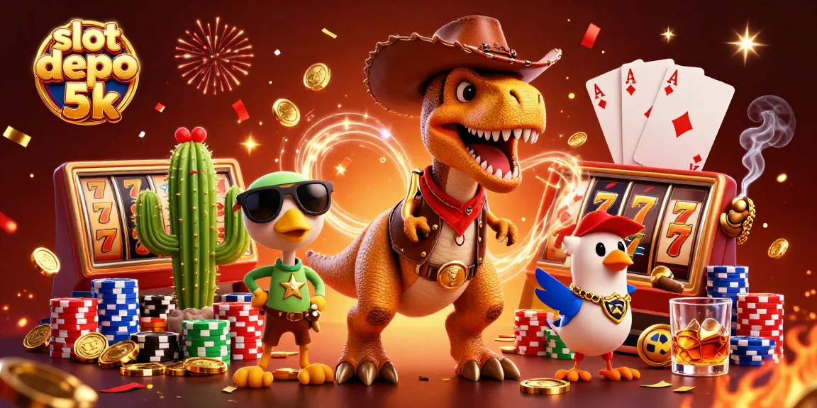 Experience the thrill of slot depo 5k with a vibrant illustrated scene featuring exciting casino elements.