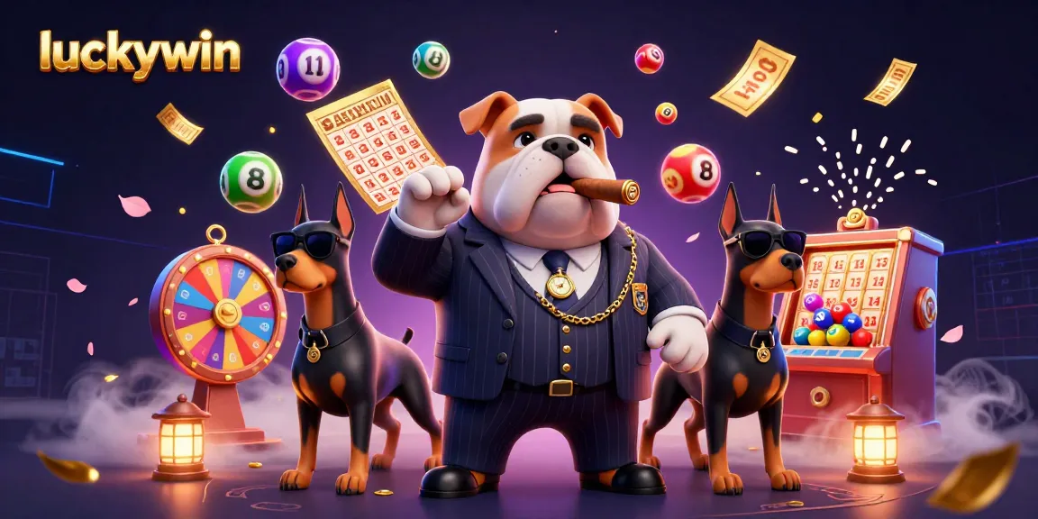 Exciting luckywin scene with a mafia bulldog and animated gambling elements, showcasing vibrant lottery action