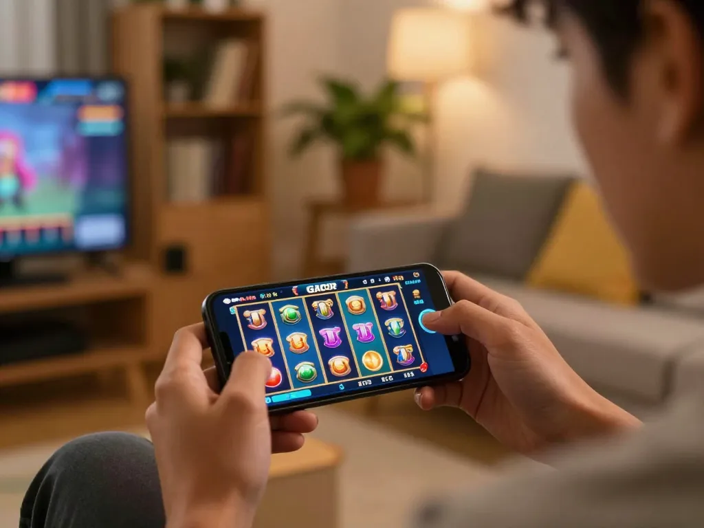 Player engaging with a slot gacor game on smartphone in a cozy living room, showcasing winning symbols