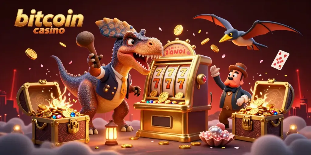 Experience the excitement of a bitcoin casino with a dinosaur-themed jackpot scene, showcasing action and adventure.
