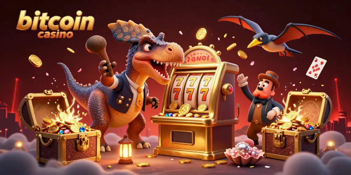 Experience the excitement of a bitcoin casino with a dinosaur-themed jackpot scene, showcasing action and adventure.