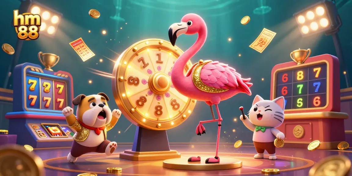 Catch the excitement of hm 88 as a flamingo host spins a golden jackpot wheel with dynamic casino elements.