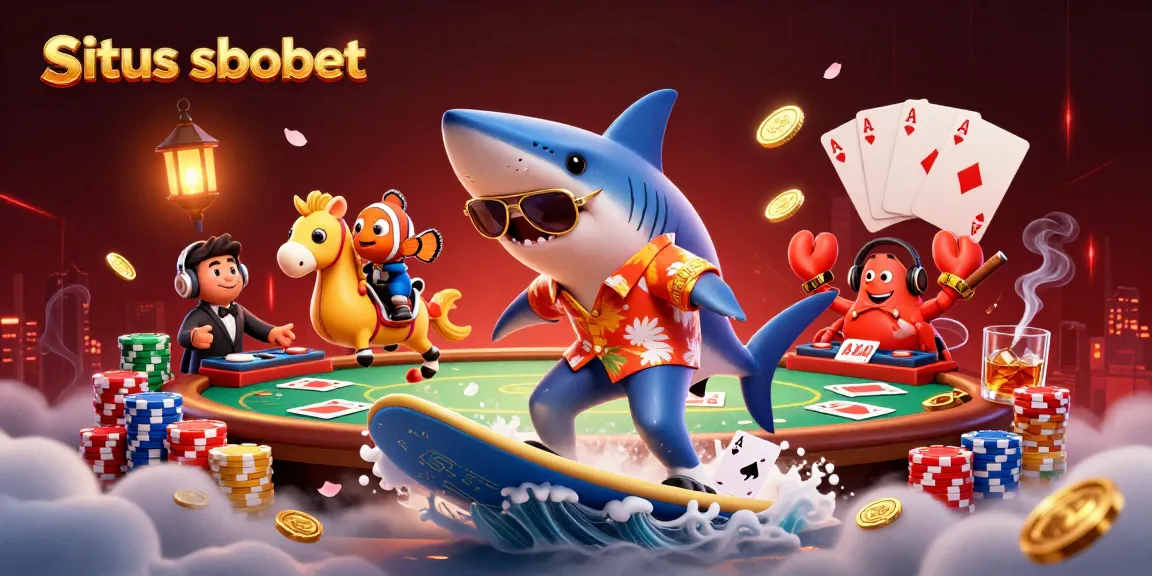Experience the excitement of situs sbobet with a vibrant 3D casino scene filled with characters and poker elements.