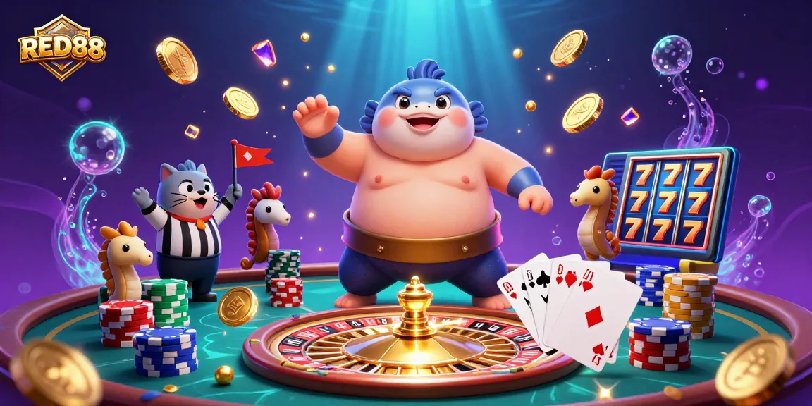 RED88 vibrant underwater casino scene with fugu and characters for immersive gaming experience