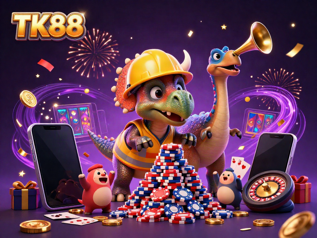 Join the fun at TK88 as a triumphant triceratops celebrates a big win amidst colorful games and vibrant displays!
