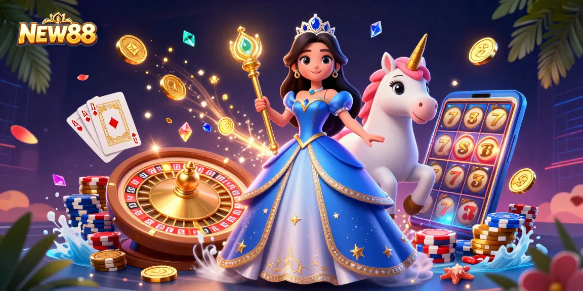 Engage in the thrilling world of NEW88 with a vibrant casino scene featuring slots, roulette, and captivating characters.