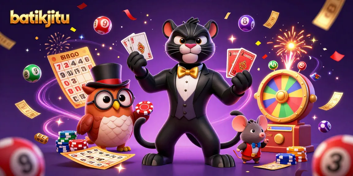 Batikjitu menghadirkan kartu yang dibagikan secara elegan oleh panther dalam tuxedo, di tengah kemeriahan bola lotere dan kartunya.