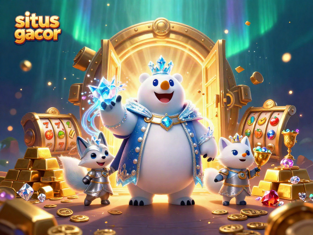 Situs slot gacor illustration showcasing a polar bear king and snow fox with slot machine symbols, filled with treasures.
