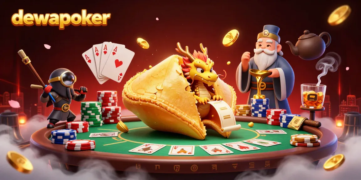 Dewapoker players enjoying a rich poker scene with a giant fortune cookie and dynamic game elements overlaying a poker table.