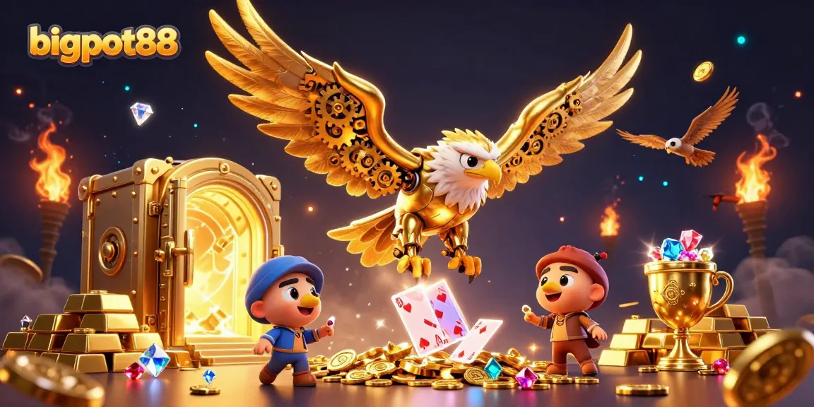 bigpot88 showcases a vivid casino illustration with a golden eagle amidst playing cards and treasures.