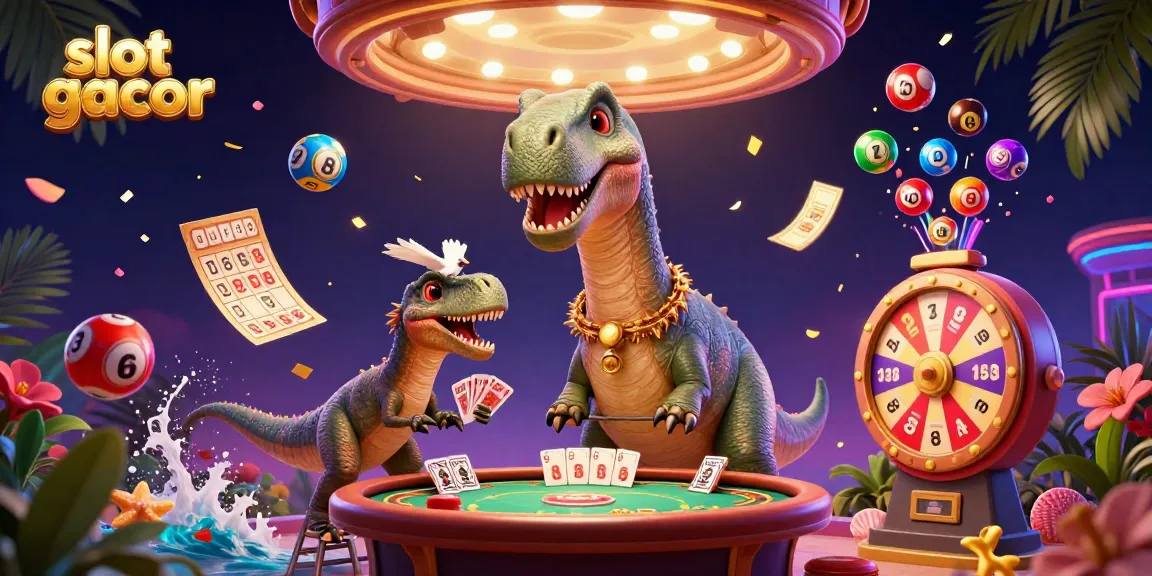 Engage in thrilling gameplay with slot gacor, where a brontosaurus oversees a casino scene filled with vibrant lottery balls and gaming elements.