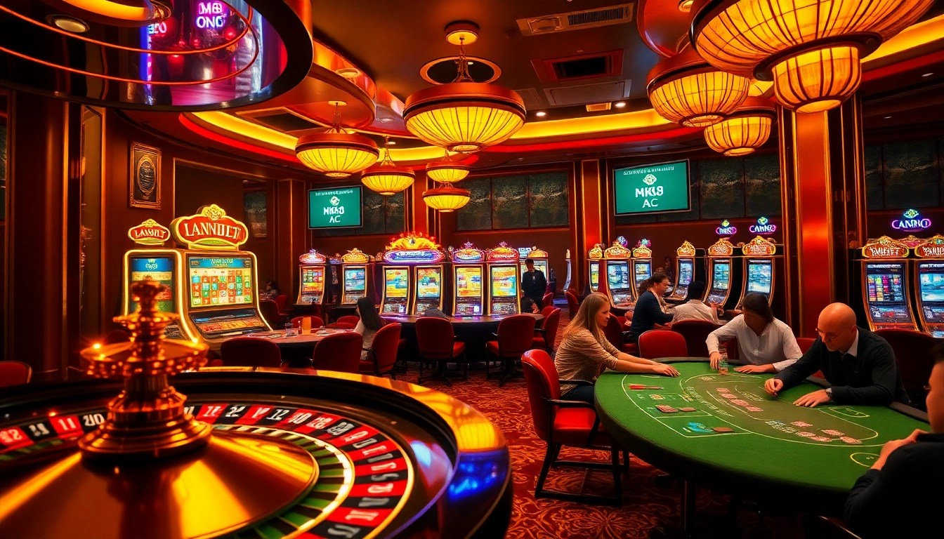 Players engage in high-stakes games at mk8.ac casino, featuring vibrant slot machines and roulette wheels.