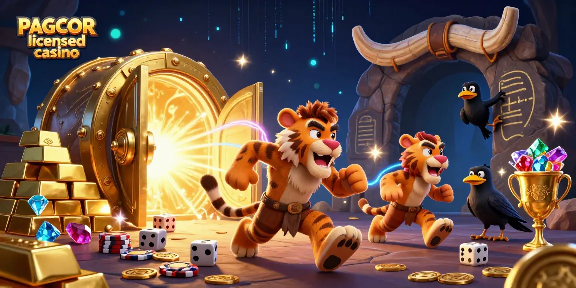 PAGCOR licensed casino illustration showcasing a prehistoric casino with a caveman and sabertooth tiger duo surrounded by treasures and vibrant details.