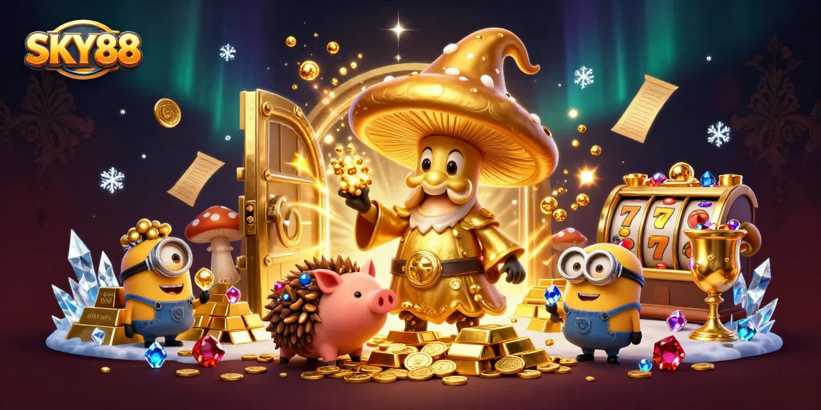 Experience the magical riches of SKY88 with golden treasures, slot reels, and enchanting characters!