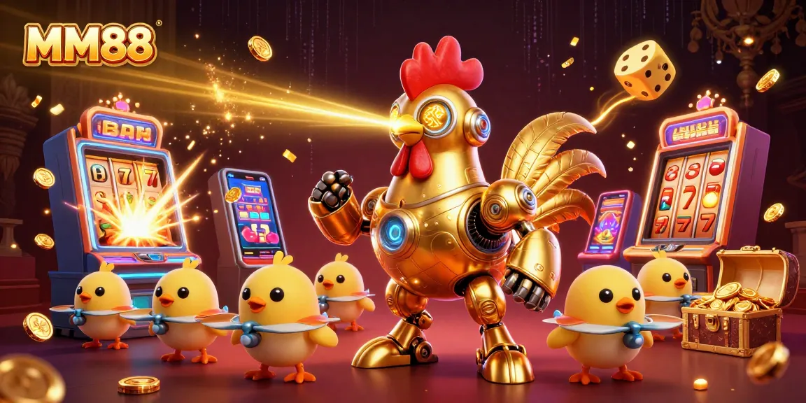 MM88 online casino illustration featuring a golden rooster robot and baby chick drones during a jackpot celebration.