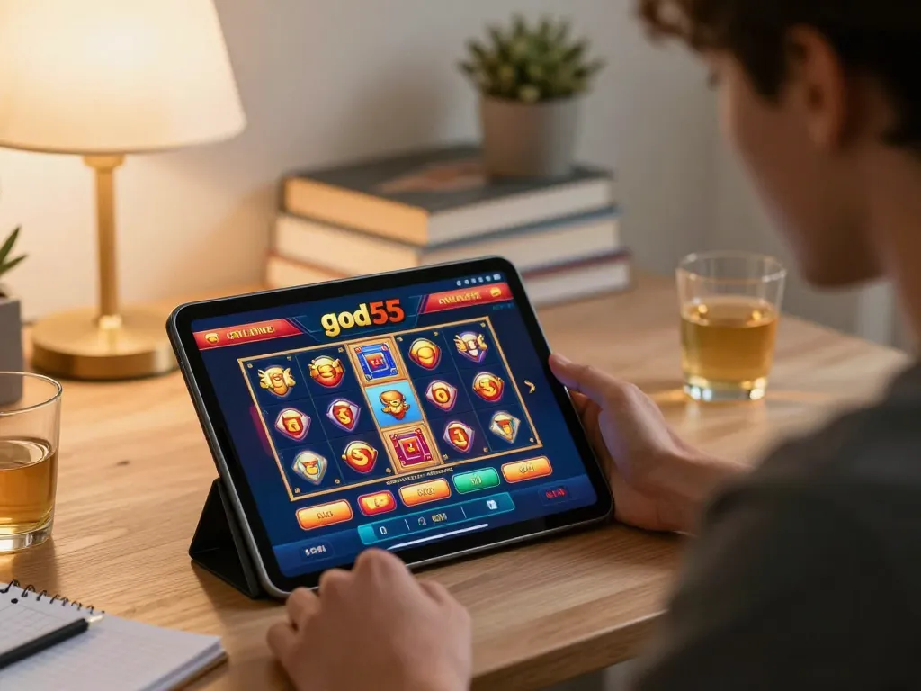 Engaging in online gaming at god55 casino with a tablet featuring vibrant slot graphics while focusing on betting strategies.