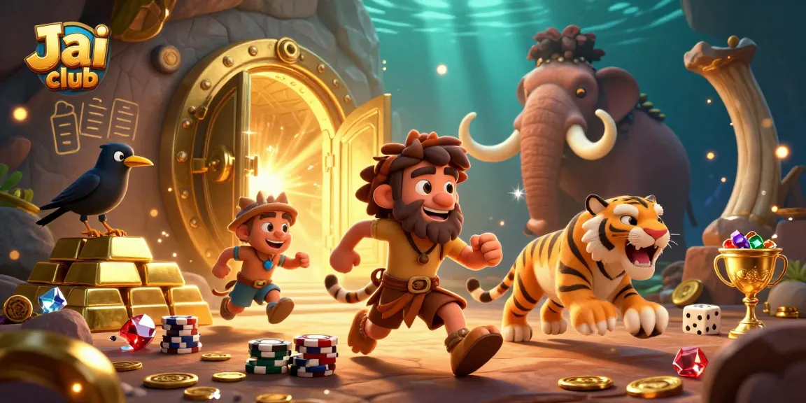 Experience the thrill at Jai club's vibrant prehistoric casino with cavemen and treasures.