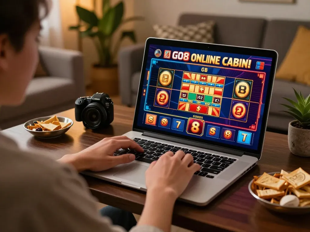 Engaging online gameplay at go8 trang chủ, as a player uses a laptop in a cozy home environment.