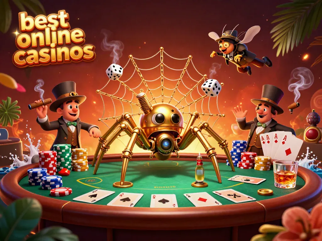 Experience the thrill of the best online casinos with a whimsical steampunk spider and golden poker scenes.