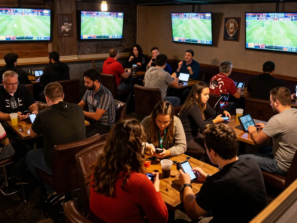 Engaged bettors analyzing odds on a trang cá cược bóng đá app in a vibrant sports betting lounge
