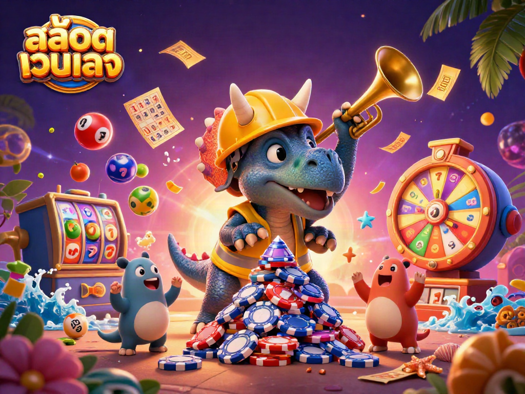 Experience excitement with สล็อตเว็บตรง featuring vibrant slot reels and lively characters in a playful scene.