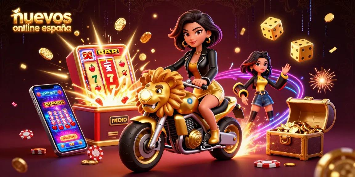 Nuevos casinos online españa showcased with a glamorous woman riding a golden lion mascot amidst dynamic casino elements.