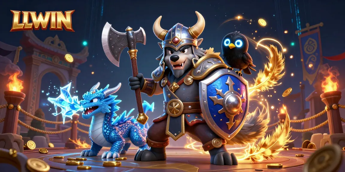 Bet on LLWIN with this vibrant 3D scene, showcasing a Viking warrior, dragon, and raven amidst casino elements.
