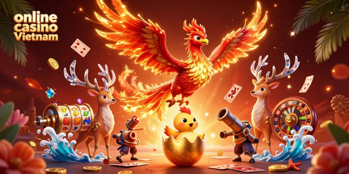 Engage with thrilling gaming at online casino Vietnam featuring vibrant phoenix and casino elements.