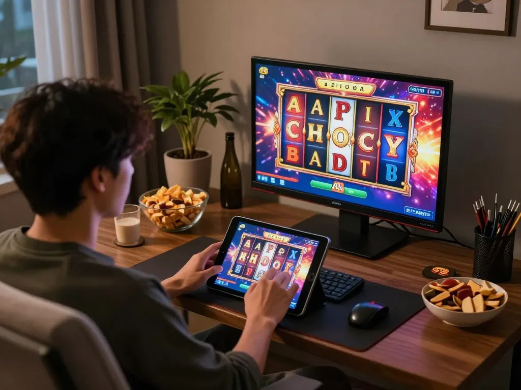 Engaging user playing online slots at home using af88, showcasing vibrant gaming experience.
