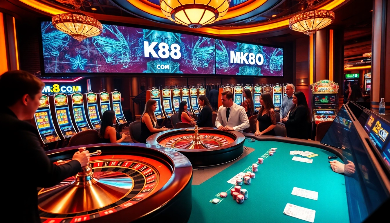 An excited gambler placing bets at MK8.COM with vibrant casino colors and engaging slot machines in the background.