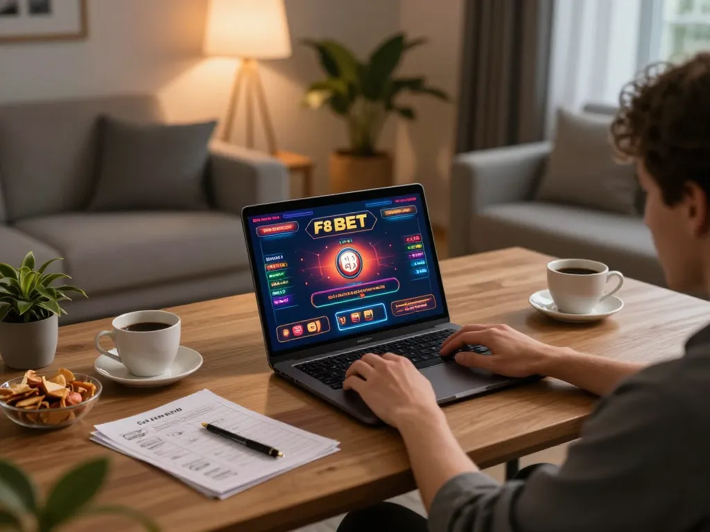 Engaging in online gambling at F8 BET, showcasing an inviting home setup with casino game interface